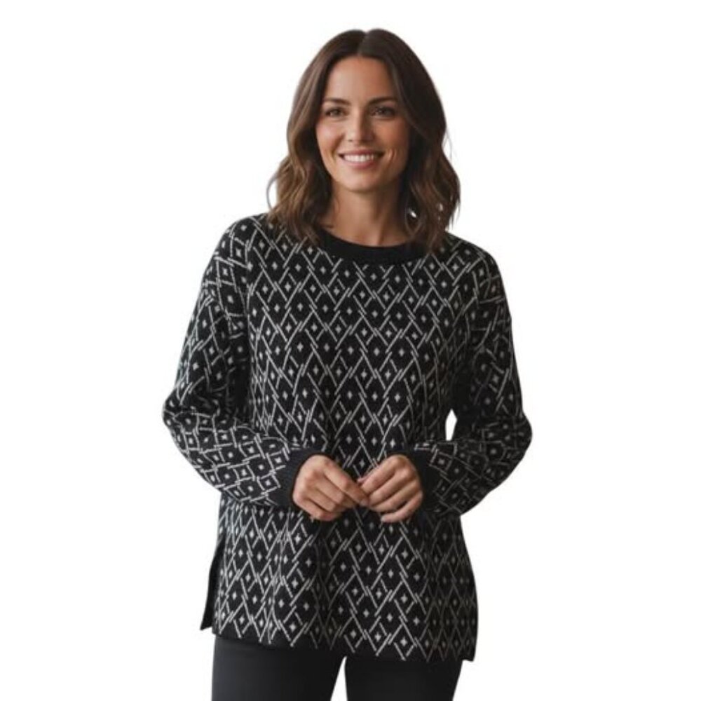 J Jill Black & White Geometric 100% Cotton Sweater. SZ L Petite. Kangaroo Pocket